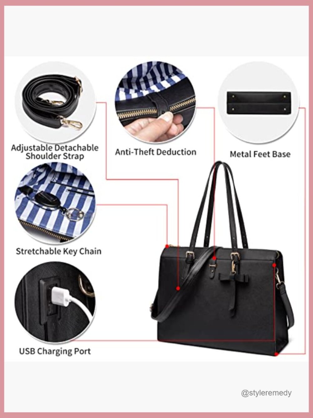 Large PU Leather Laptop Tote Set with USB Charging Port - Picture 5 of 7